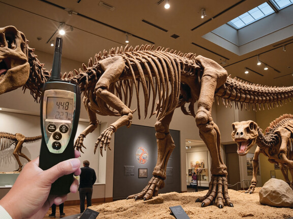 Dinosaur shown in museum with hygrometer