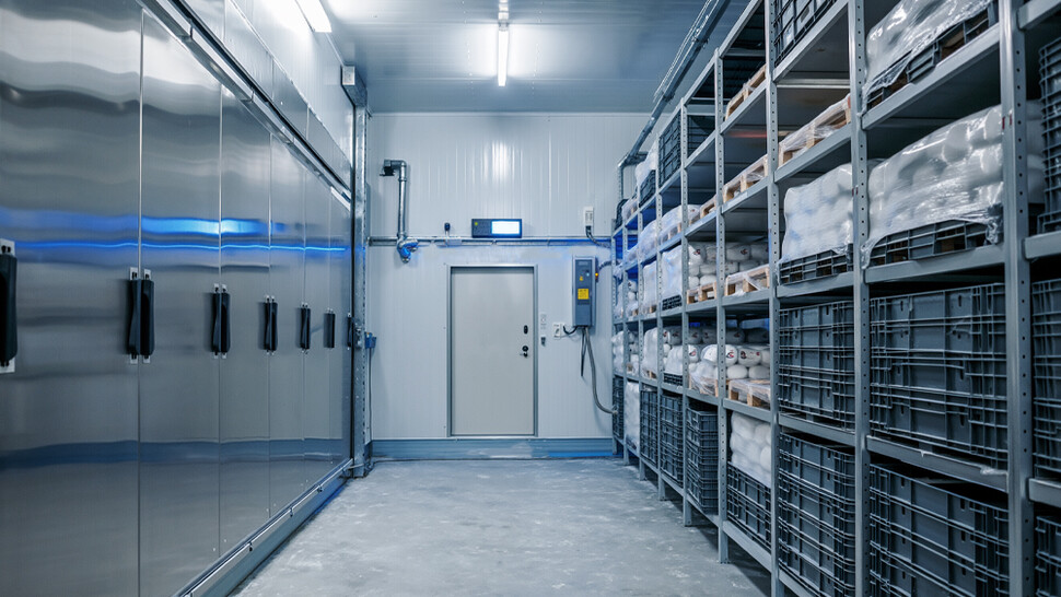 Cold storage room with shelving